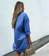Chemise Feminina Oversized Manga Longa com Botões e Barra Arredondada Azul